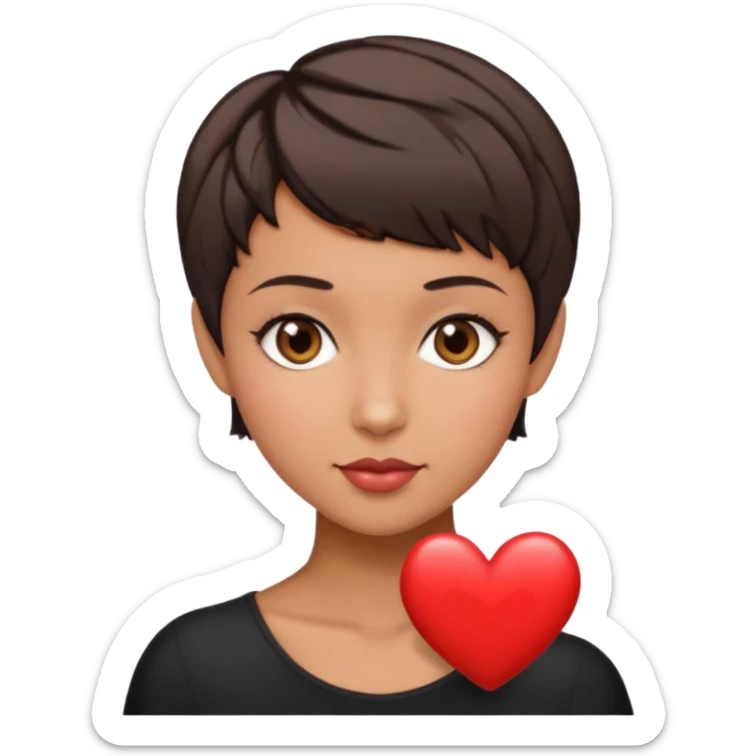 woman pixie cut dark brown hair, tan skin, brown eyes, heart shaped face sticker