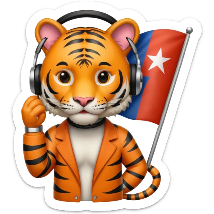 Quiero un tigre mezclado con la bandera cubana. Porque no apodan el tiger y soy de cuba. 
Quiero un tigre asi cubano pero con unos audífonos de dj, además un tigre fuerte y con cara de tigre agresivo bueno eso no. Mejor un tigre feroz con una audífonos de dj o una mesa de dj sticker