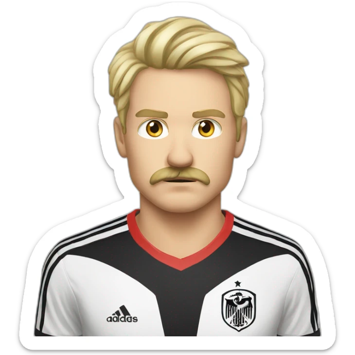 face man serious expresion blonde hair long hair blonde moustache wearing a germany soccer shirt sticker