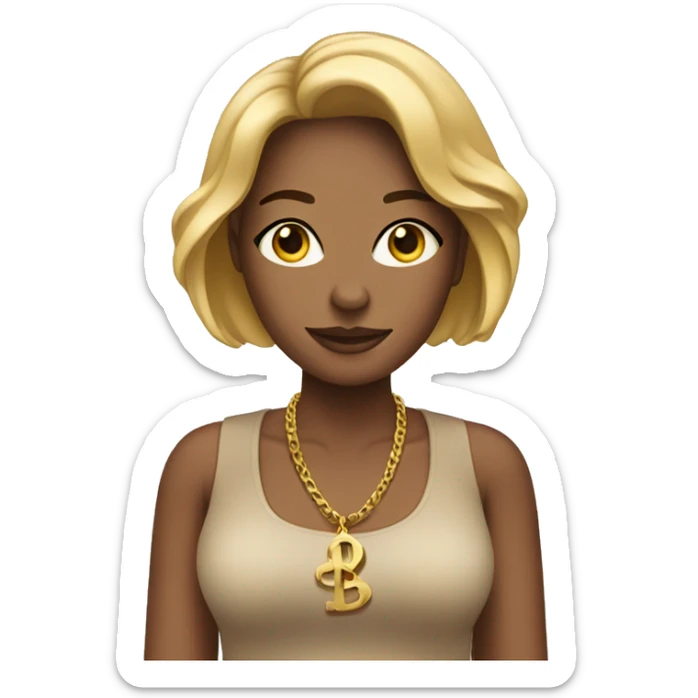 Tan woman with bob, professional, with a trans symbol necklace that has dollar sign in middle sticker