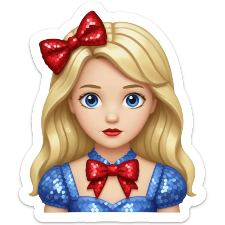 Dorothy Gale from Oz with long blonde hair, periwinkle sequin outfit, red bow sticker