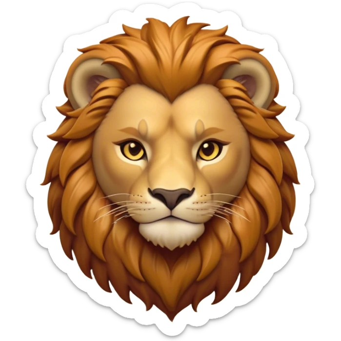Cinematic Noble Lio Cub Portrait Emoji, Poised and regal, with a powerful, muscular build and a majestic, tawny mane, deep-set soulful amber eyes, Simplified yet sharp and sophisticated features, highly detailed, glowing with a warm, dignified glow, high shine, intelligent and fierce, stylized with an air of wild majesty, focused and attentive, soft glowing outline, capturing the essence of a watchful and confident king, so majestic it feels as though it could roar out of the screen with effortless authority! sticker