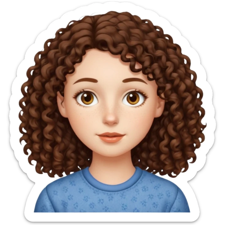White girl with dark brown long 2C curly hair, brown almond shape eyes, small wide nose, natural lips. Cute clothnig sticker