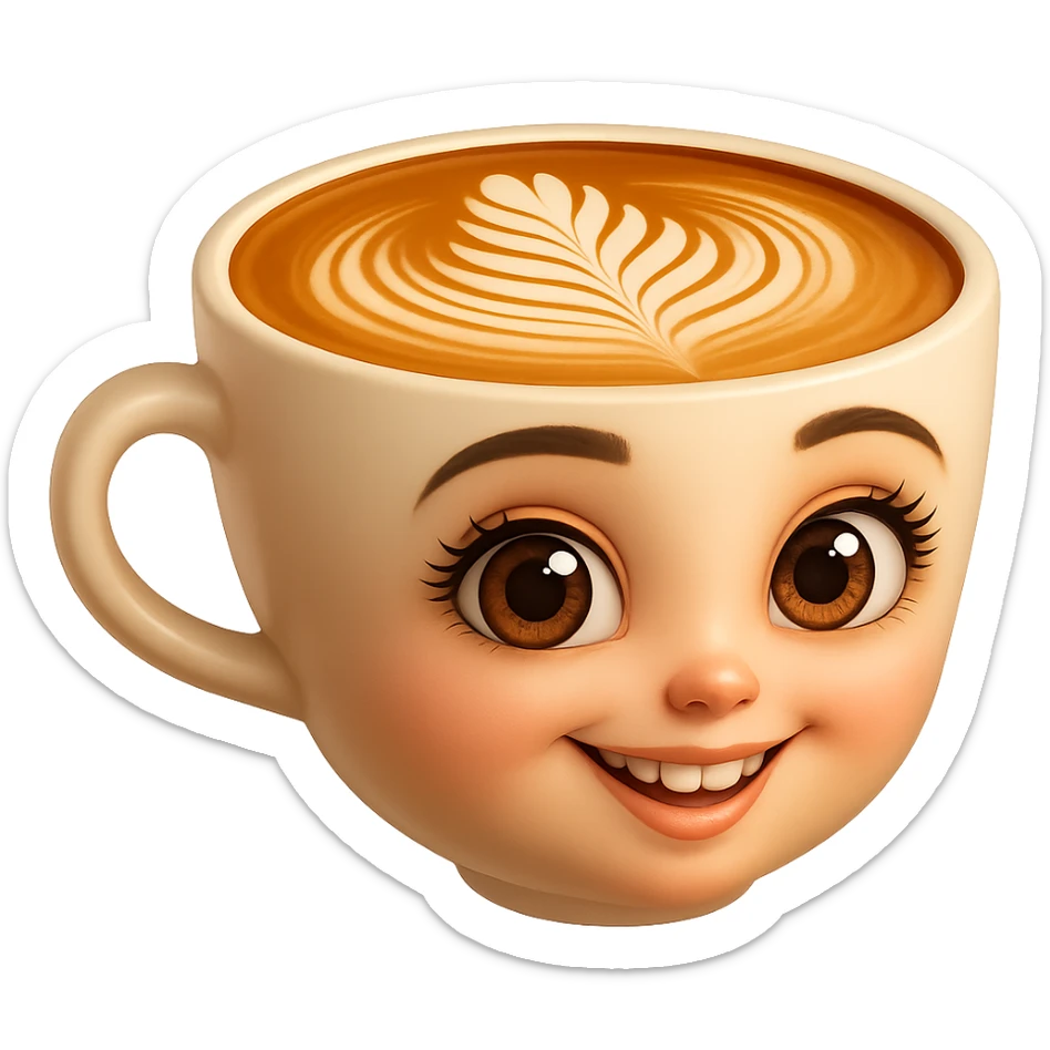 Edita la imagen para que el personaje de la taza de café  MANTENGA exactamente su estilo original,  y colores según la imagen de referencia. ELIMINA FONDO PARA QUE QUEDE TIPO EMOJI NO DBE TENER CUELLO.EL AZA O MANGA DE LA TAZA  DEBE SER COMPLETAMENTE VISIBLE sticker
