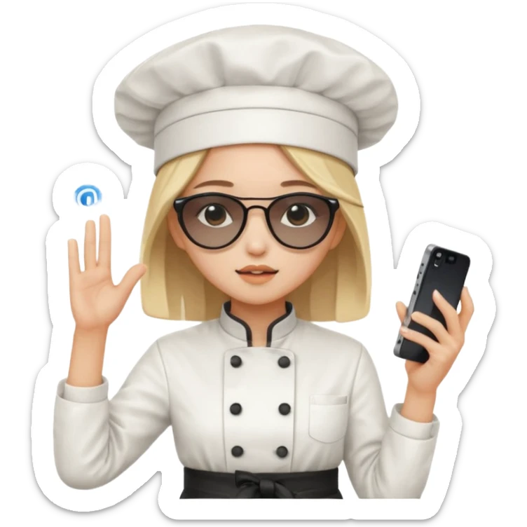 [b"A sad wooman with loight skin,k straight  hair, weawring a chehf hat andi sunglassels, dressee in K-pop  fashion, his dancino while hollding a phdone."] sticker