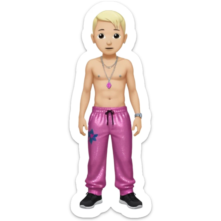 Chester Bennington with blonde hair, dark pink sequin baggy pants, shirtless with necklace sticker