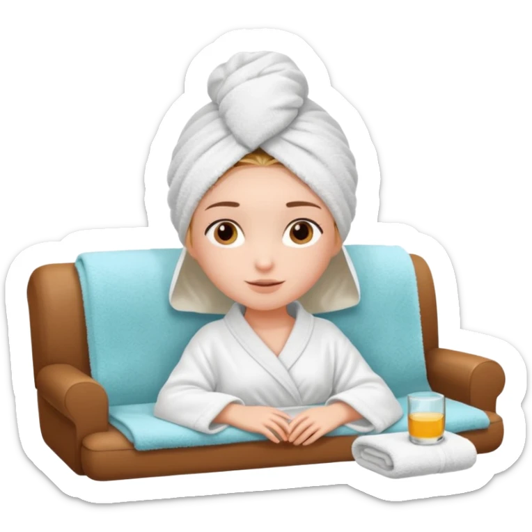 spa A contented and relaxed girl with a towel on her head in a white robe lies on a couch. The icon displays the couch and the girl in full three-quarter view. sticker
