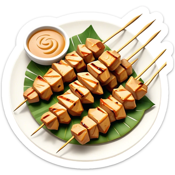 Cinematic Realistic Indonesian Chicken Satay Dish Emoji, depicted as succulent, marinated chicken skewers grilled to perfection with a subtle char, drizzled generously with a rich, creamy peanut sauce that glistens under warm, natural lighting. The vibrant textures of the tender meat and smooth, spicy sauce evoke the authentic flavors of Indonesian street food, rendered with lifelike detail and dynamic, appetizing lighting. sticker