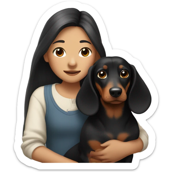 an Asian girl with long hair, hugging a black and tan long haired dachshund with a branch in its mouth sticker