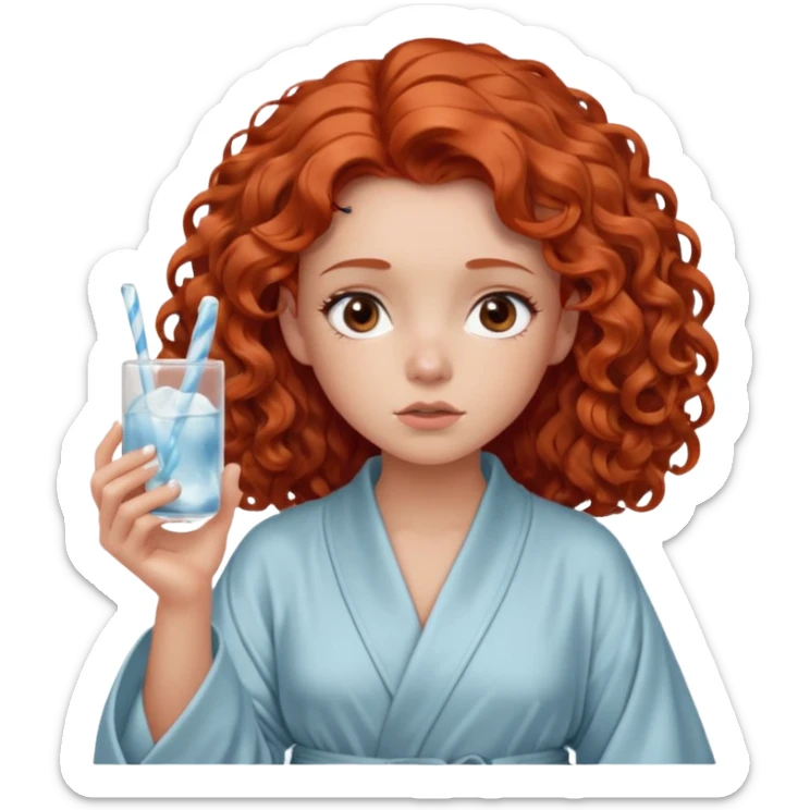 Cartoon emoji of a girl with voluminous curly red hair, fair skin, warm brown eyes. Wearing a chic milky silk robe with long sleeves, no makeup. Portrait mode, holding a ice cube, looking doubtful and unsure. Smooth, simple, stylized." sticker