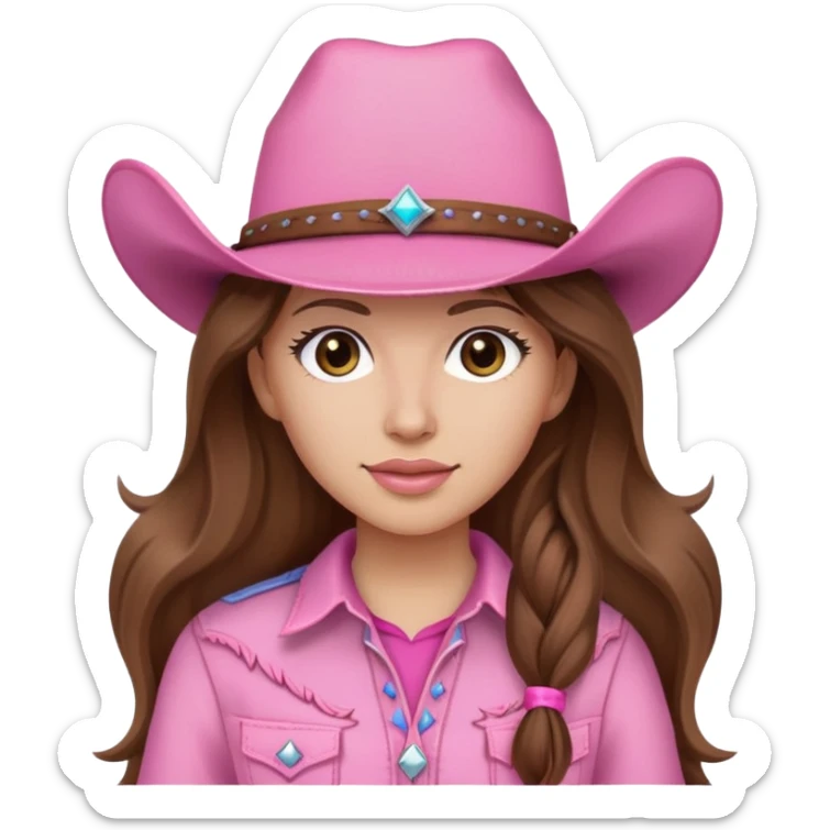 Long brown hair pink outfit light face and pink cowgirl hat sticker