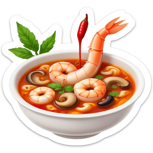 Cinematic Realistic Tom Yam Kung Soup Dish Emoji, showcasing a spicy, sour shrimp soup with herbs and mushrooms rendered with lifelike textures and bold, dynamic lighting. sticker