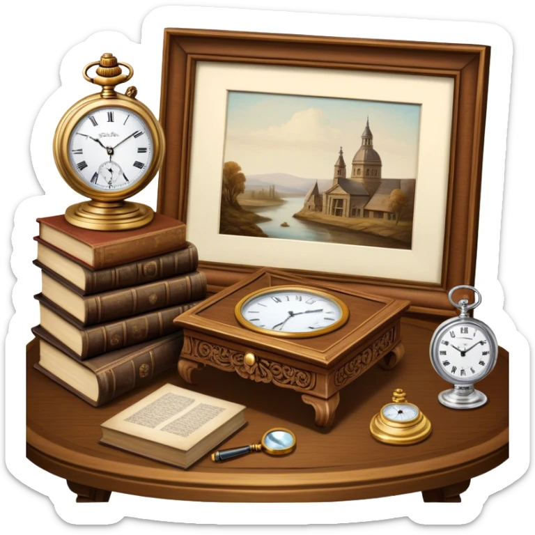 Icon for Antiques Collecting: antique carved  table, a vintage pocket watch and a porcelain figurine, all placed on a wooden antique carved table surrounded by aged books and a magnifying glass. The icon should evoke the elegance and history of antique collecting. Transparent background. sticker