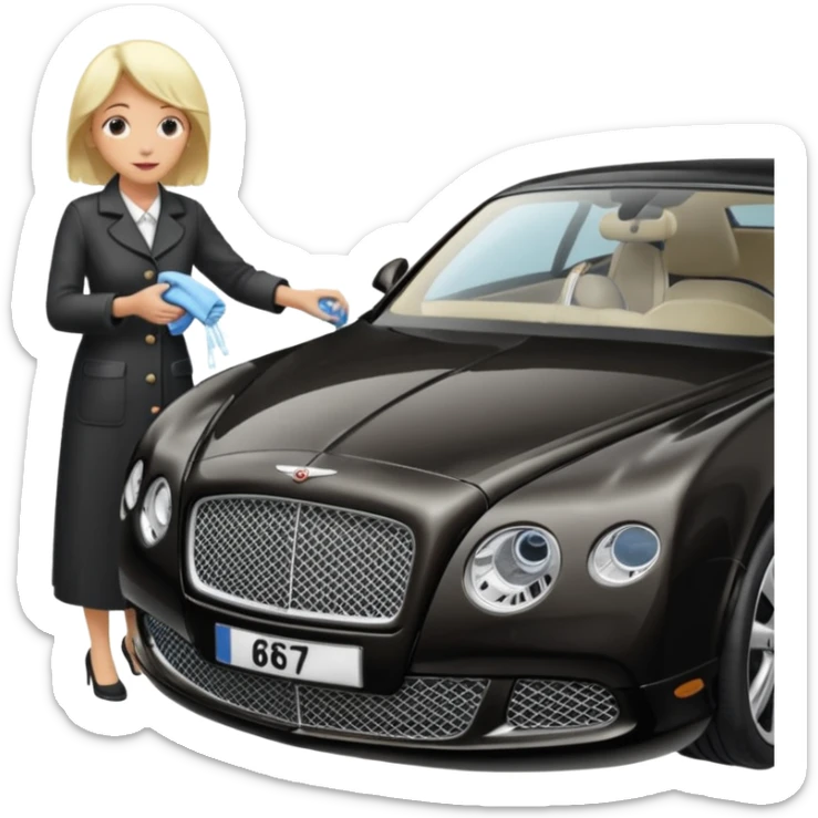 A old blond lady washing a black Bentley car. show the full car and the lady next to it. show the face smaller and the person standing beside it sticker