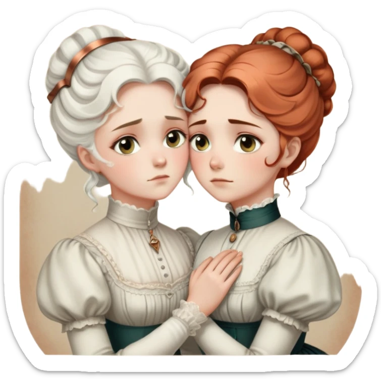 Two Victorian women with light eyes, one with white coiffed hair and one with copper coiffed hair, wearing Victorian high-neck dresses, embracing in a sad intimate hug sticker