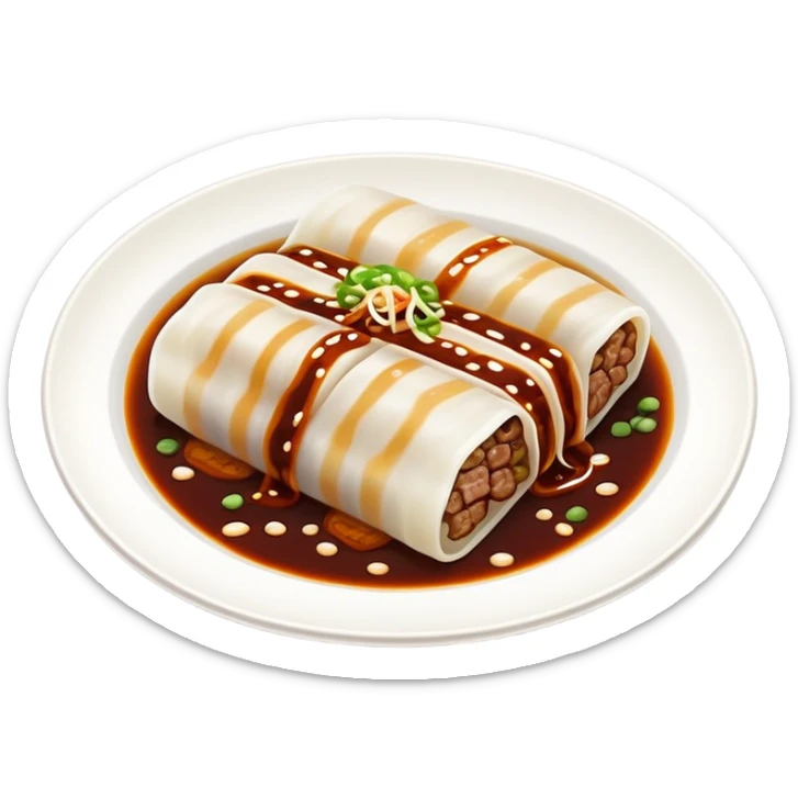 Beef rice noodle roll Ngau Yuk Cheung Fun with dark sauce drizzled on top, simplified emoji style with bold outlines and bright colors, cartoon style Cantonese street food sticker