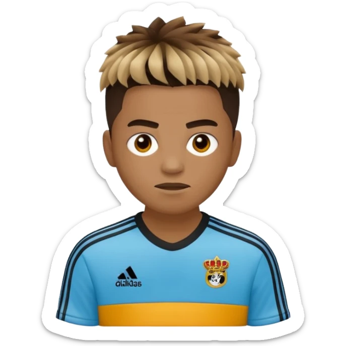 Crie um emoji de um menino com o cabelo castanho claro com uma franja reta e o corte low fade zumbi casaco de gola alta da adidas sticker