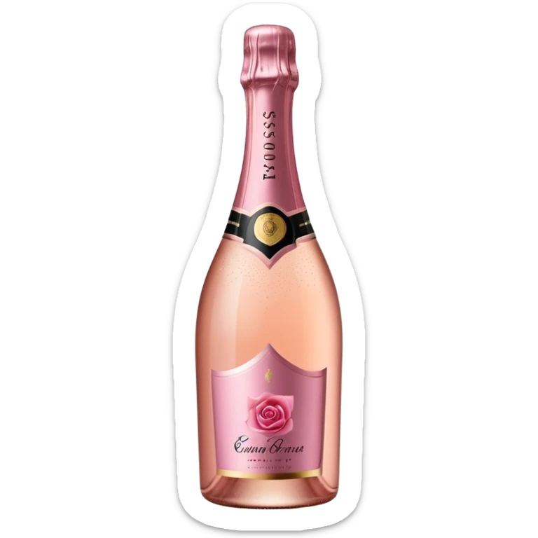 bottle of sparkling rosé champagne with a rose logo on the label, tilted up and to the left, no glass sticker