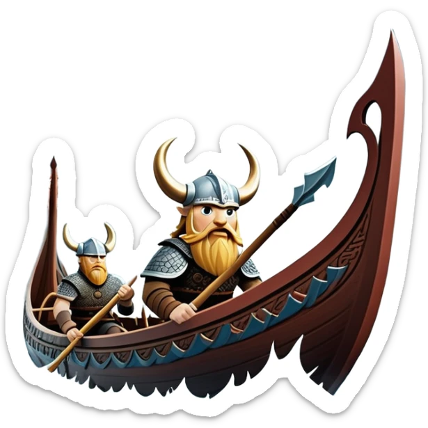 clash-of-clans-aesthetic_-cinematic-viking-longboat, rendered in a flat, bold vector style with minimal shading, featuring a striking dragon-headed prow slicing through icy, churning waters. shields on the side and vikings rowing The longboat’s intricately detailed shields and carved motifs evoke a sense of epic adventure and Nordic might, with billowing sails catching a dramatic, stormy sky backdrop. sticker