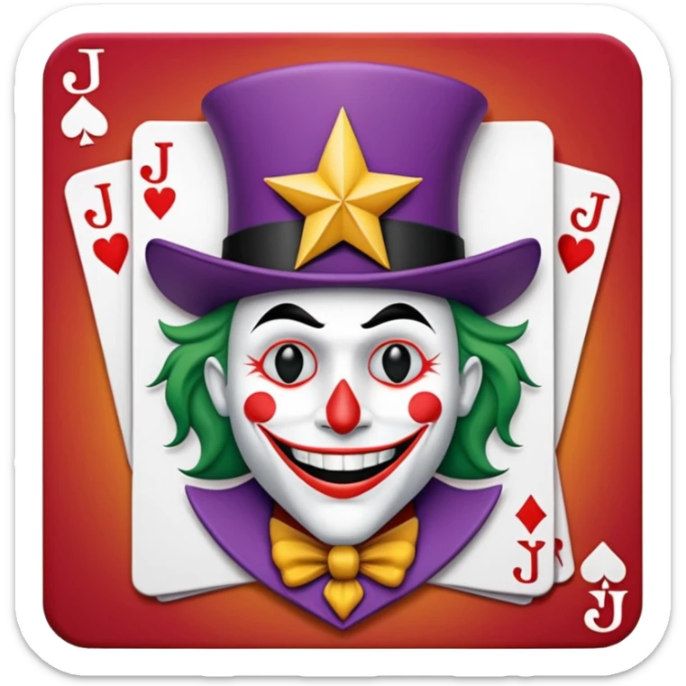 1 poker card, perfectly squared card, with crazy colorful human jolly joker inside, star symbol with a "J" sticker
