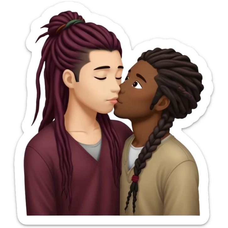 Dark Wine colored hair asian long hair, kissing young black guy with dreads sticker