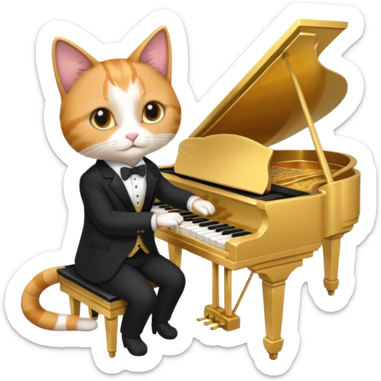 calico cat play gold piano, wear black suit, portrait sticker