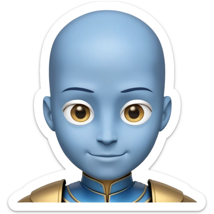 A stylized 3D cartoon character with blue skin and an oversized forehead—twice the size of the face. He has a smooth bald head with a light blue patch on top, golden eyes, and a sly, clever smile. Wearing a futuristic black and silver outfit with shoulder armor. Bust portrait, clean background. sticker