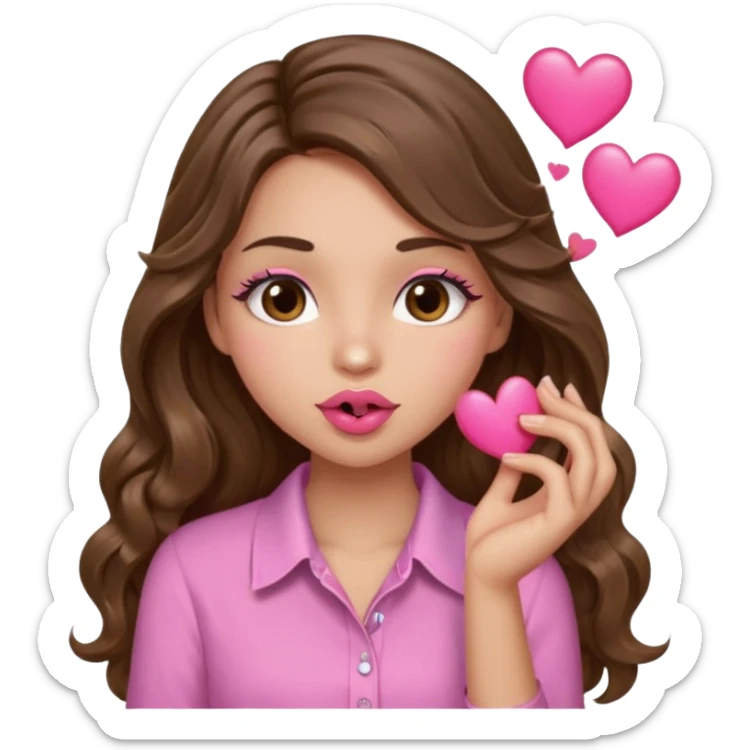 girl with long wavy brown hair, brown eyes, light to medium complexion, in a pink shirt, pink lips, long lashes, puckering up for a kiss, kiss lips and hearts in hand sticker