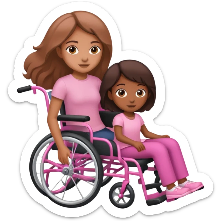 One tan skin sister pushing her brown skin sister in a pink wheelchair sticker