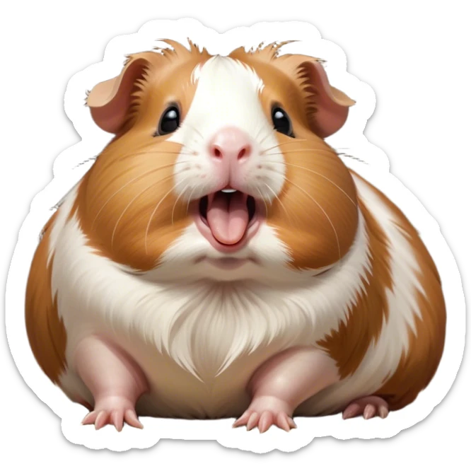 Cinematic Cute Yawning Brown and White Banded Guinea Pig Portrait Emoji, Head tilted slightly with a dramatic, wide-open yawn, revealing a soft, banded coat of brown and white with tiny, droopy ears, round dark eyes barely open in drowsy contentment, Simplified yet irresistibly adorable features, highly detailed, glowing with a soft, cozy glow, high shine, relaxed yet expressive, stylized with a touch of whimsy, bright and endearing, soft glowing outline, capturing the essence of a sleepy yet affectionate guinea pig, so drowsy it feels like it could stretch out of the screen and curl up for a nap! sticker