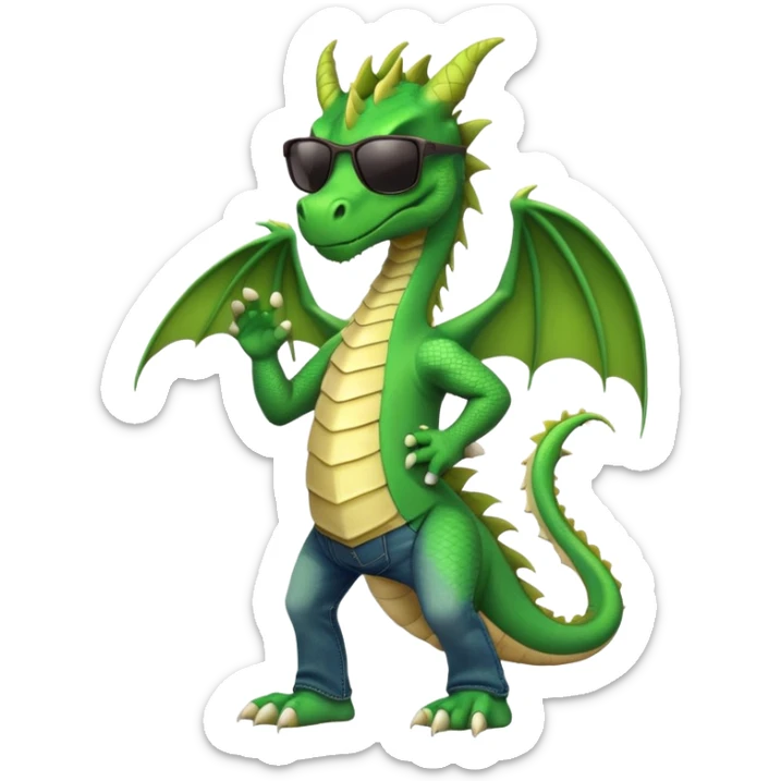 friendly anthropomorphised green dragon in a sports t-shirt and jeans wearing dark sunglasses walking upright sticker