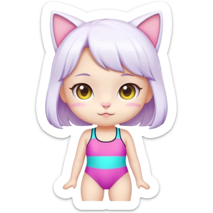 Cute short cat girl character with big head in a colorful swimsuit, kawaii style sticker