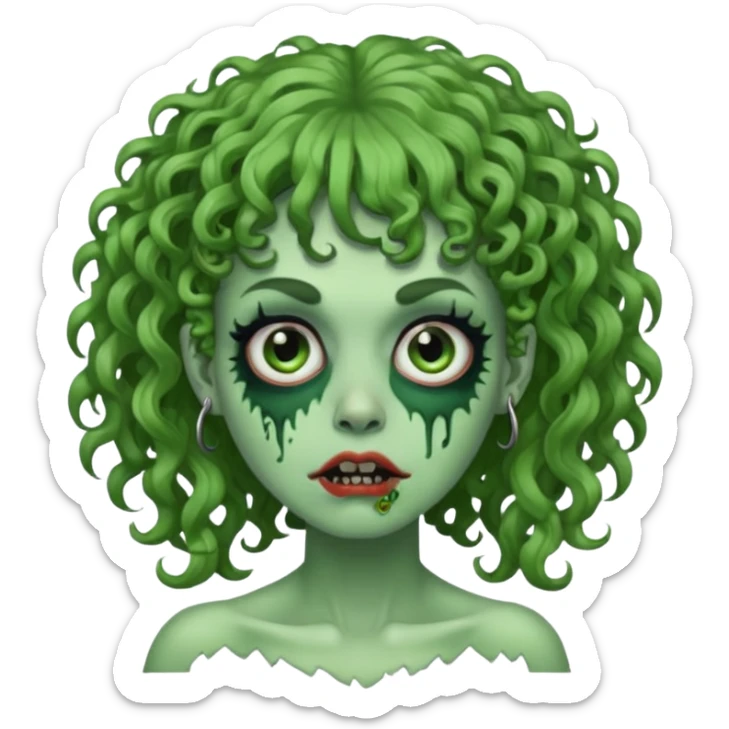 green zombie woman with curly hair, bangs, and a septum piercing. like iPhone emoji sticker
