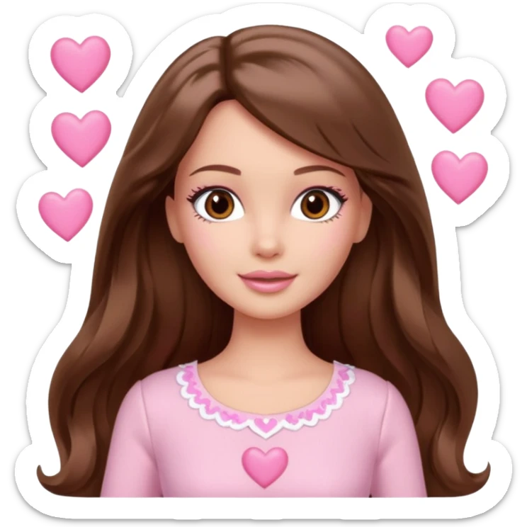 Barbie girl brown long straight wavy hair and brown eyes is In pale pink clothes There are pink hearts all around sticker