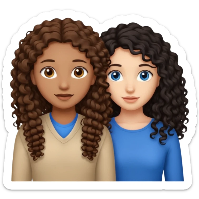 Two best friends .bestie 1: beige skin with brown long hair and blue eye. Bestie 2:mixed race skin with curly black hair and brown eye sticker