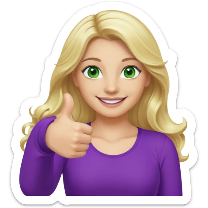 lady with long wavy blonde hair, purple top, green eyes, thumbs up sticker