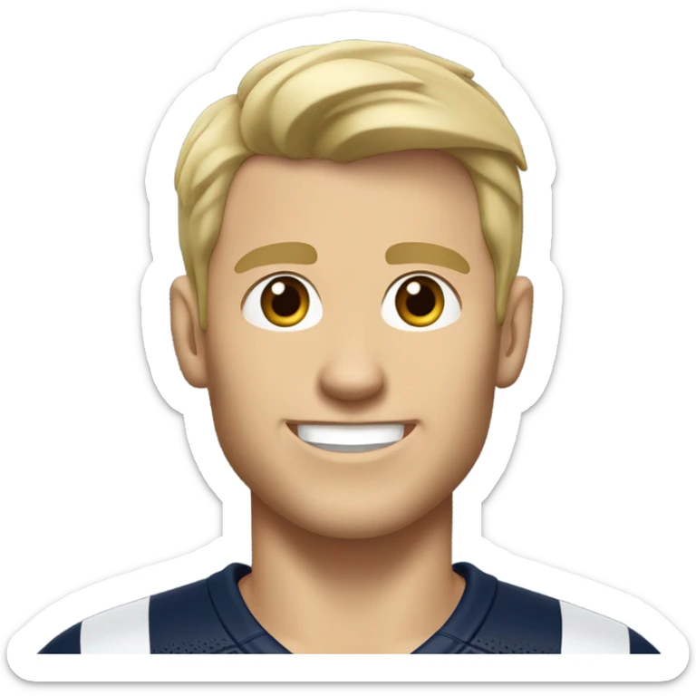 Skinny Caucasian male blonde combed over hair smiling wearing a Houston Texans polo sticker