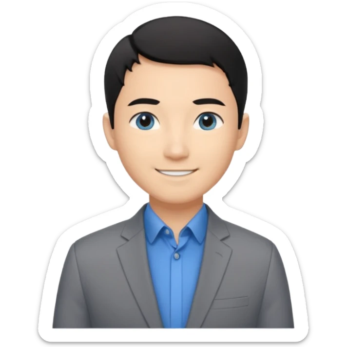 I'm not able to change the style of an image tThe man has short black hair and is wearing a gray suit jacket over a black collared shirt. He is standing in front of a white wall. The man's facial expression is smiling and he has asian type blue eyes. sticker