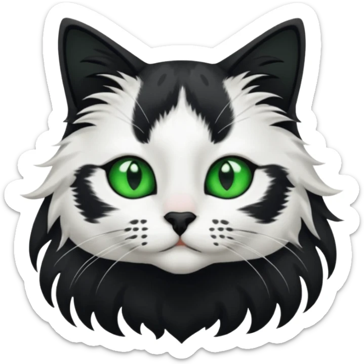 black and white long hair cat. green eyes. black nose. black splotch in the shape of a star near nose (on the right side). white chest. sticker