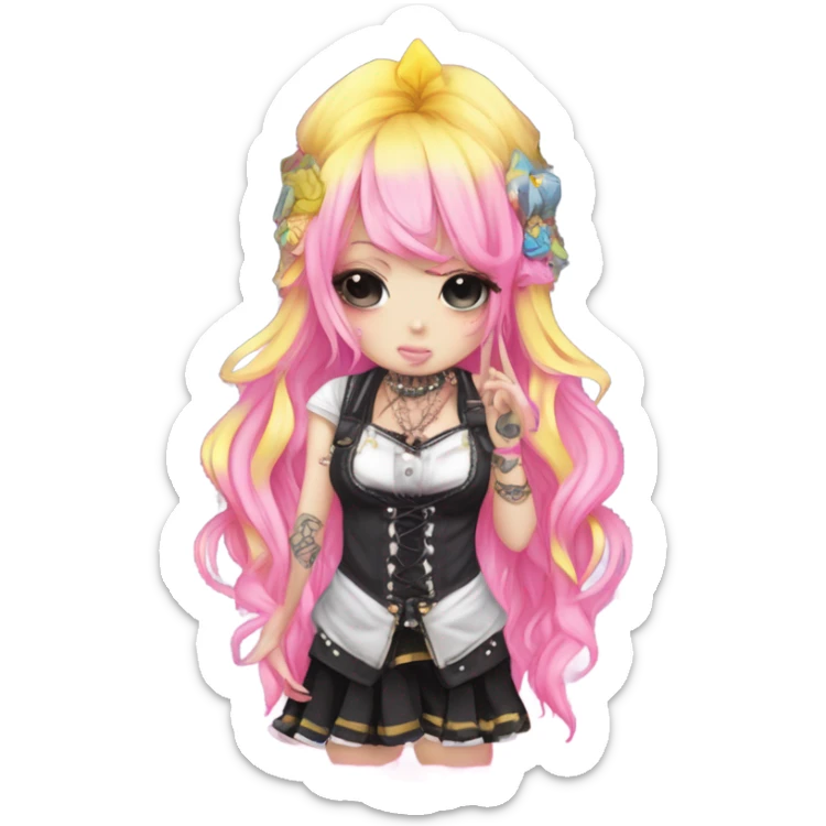 Blue eyed long eye lashes pout blonde and pink hair pale hime gyaru girl, hot pink and yellow split-dyed hair, nose ring, elf ears, dark makeup, punk clothes standing next to three diffrent men praying on their knees sticker