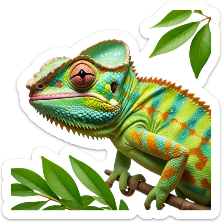 cinematic giant-tongue out chameleon-realistic emoji, mouth wide open with tongue out, -blending-with-vibrant-greenery.-detailed-scales-in-shifting-colors,-showing-the-chameleon’s-ability-to-camouflage.-soft-natural-light-highlights-its-texture.-light-background, zoomed into its face sticker