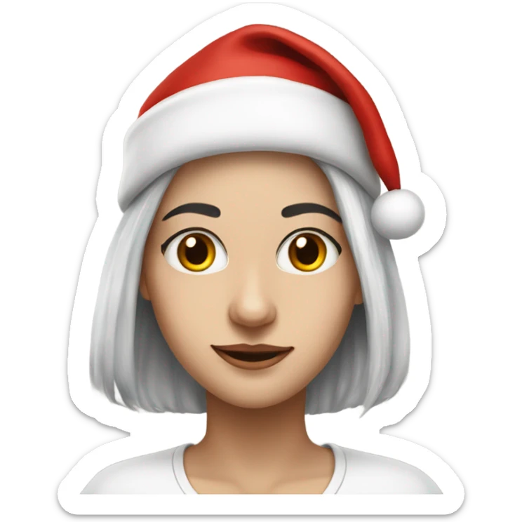 realistic portrait of fair skinned woman with silver hair and  with Santa cap sticker