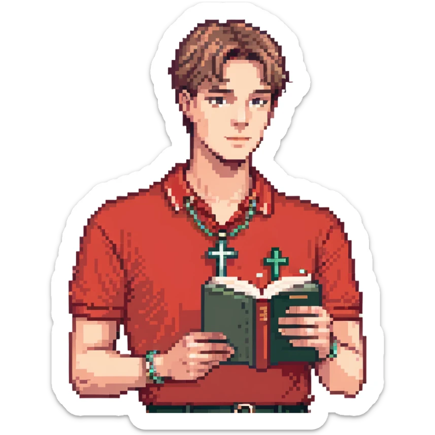 head-to-toe man with red polo shirt, cross necklace, tidy haircut, holding a book, simple background sticker
