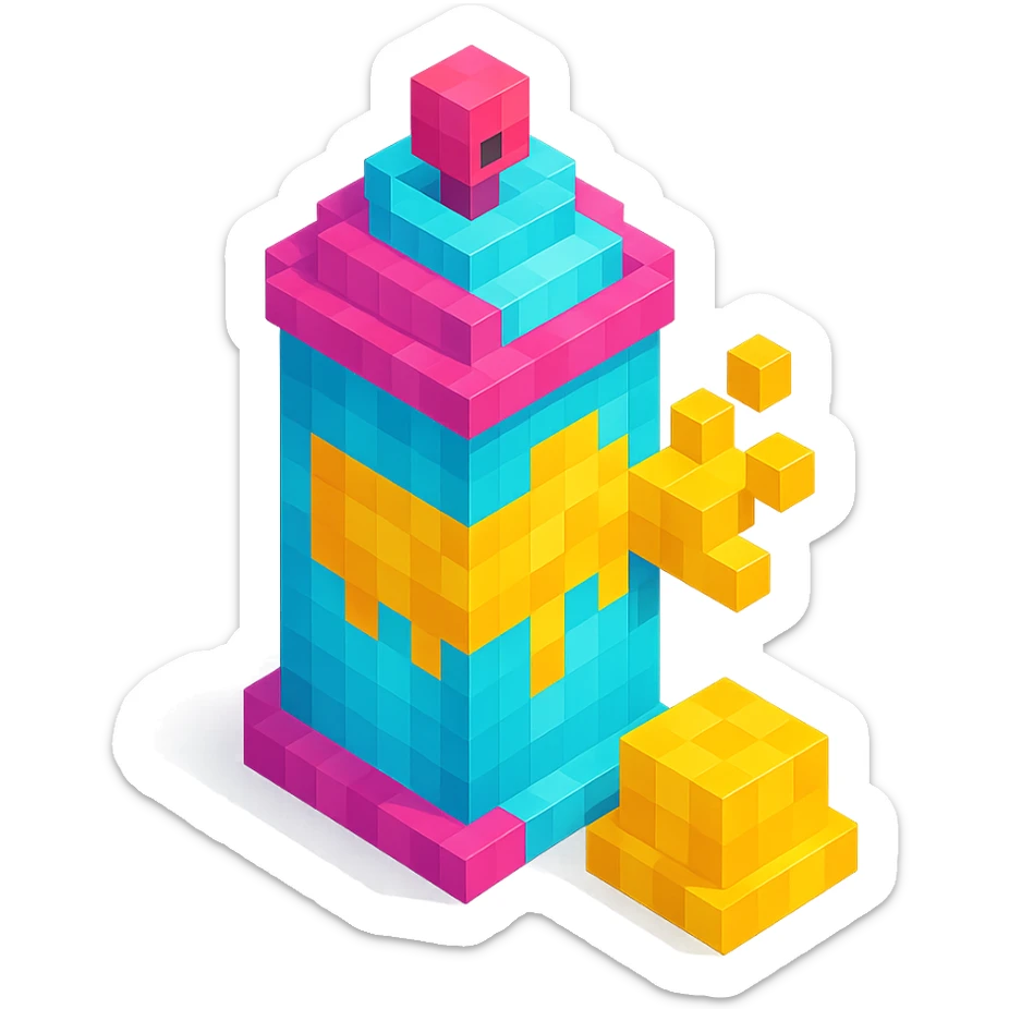 voxel style spray paint can with gold paint, cap off, isometric view sticker