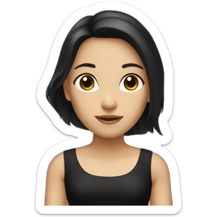 The girl has long and black hair, and her skin is white, wearing a matching black dress sticker