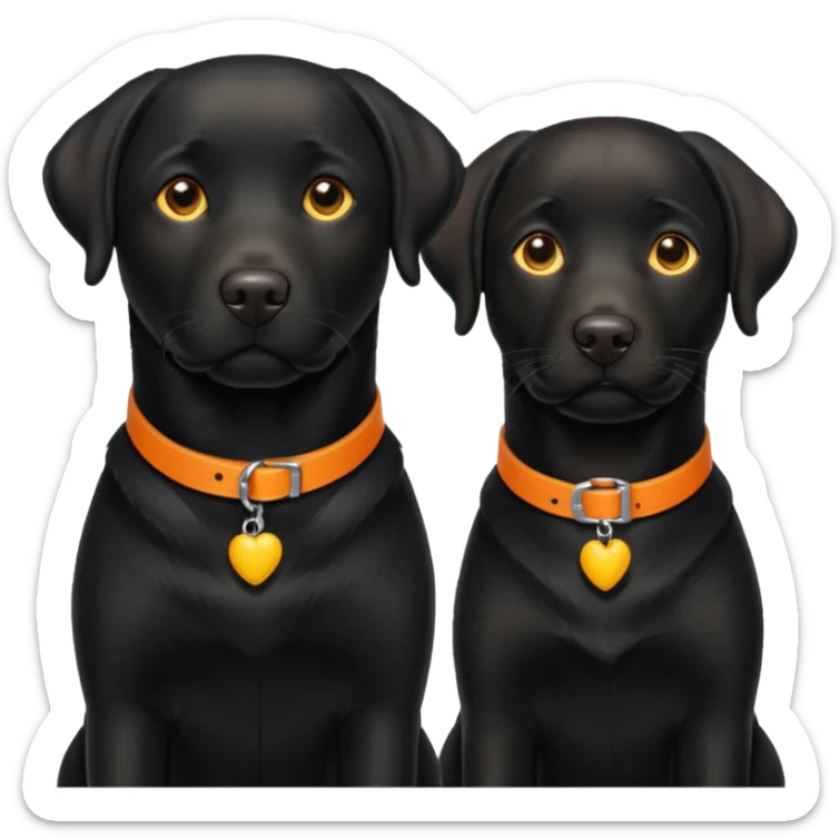 2 black labrador, adult, one has a yellow and the other an orange collar sticker