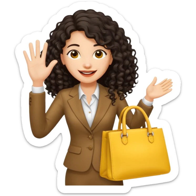medium deep tan brown business woman with long black curly hair, waving hand with happy face with smile mouth and carrying yellow bag on her shoulder sticker