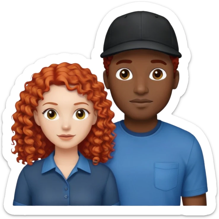 a couple a white woman with red curly hair and a black man in a blue shirt and black cap sticker