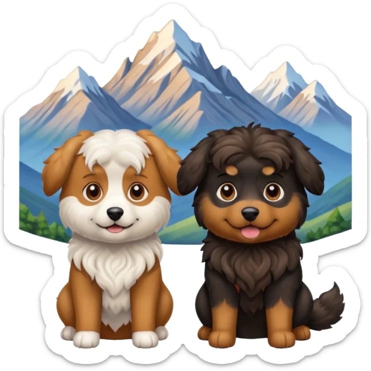 two dogs with wavy hair, one black and one brown with mountains sticker