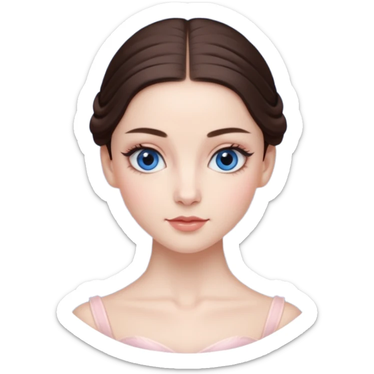 Realistic Ballerina Portrait, with porcelain-like skin featuring a natural rosy flush, illuminated by soft lighting that highlights the gentle contours of her face. Her Brunette hair flows in soft.Her deep blue eyes radiate framed by arched brows and long lashes. sticker